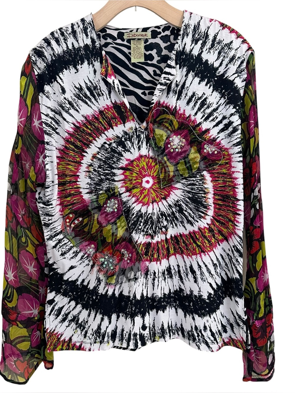 Indochine Vibrant Split Neck Tunic Pullover Top Sequin Mesh Bohemian XL NWOT